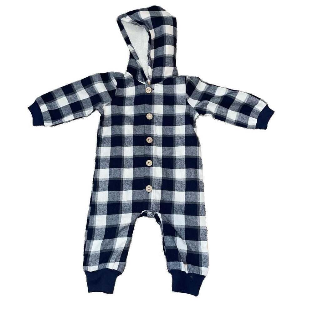 Mud Pie Baby Boy Navy Plaid Sherpa Lined Hooded One Piece Jumpsuit